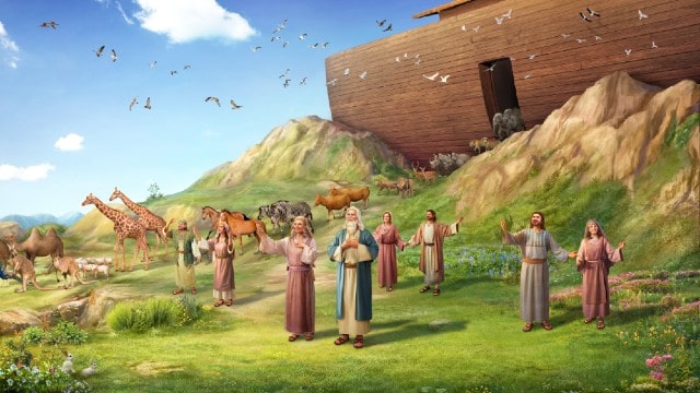 Gli otto membri della famiglia di Noè scendono dall'arca